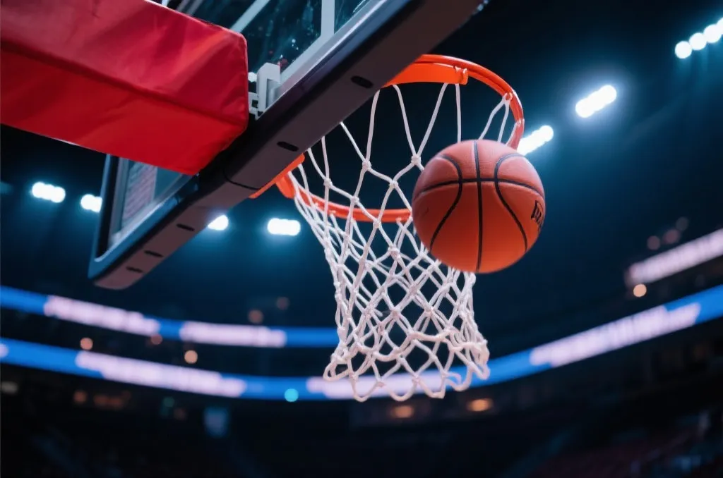 A basketball swooshing through a net in a modern indoor sports arena, dramatic lighting, high-speed photography, vivid colors